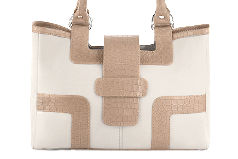 Off white and tan beige women's dress handbag, matching pumps and belts. Profile view - Florence KOOIJMAN